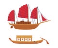 Junk and Rowboat as Chinese Sailing Ship with Sails and Deck Vector Set Royalty Free Stock Photo