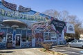 The Junkman`s Daughter store with colorful paintings on the outside of the buildings surrounded by bare winter trees