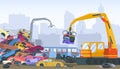 Junkyard with cars and metal scrap, city scrapyard landscape with salvage work of crane
