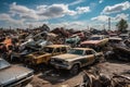 A junkyard filled with dozens of old, wrecked cars in various states of disrepair. Dismantling for parts at scrap yards and