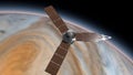 Juno is a NASA space probe orbiting the planet Jupiter. Jupiter Planet Rotating in the outer space. Traveling to planet Jupiter in