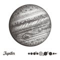 Jupiter. Collection of planets in solar system. Engraving style. Vintage elegant science set. Sacred geometry, magic Royalty Free Stock Photo