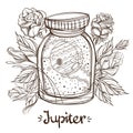 Jupiter in a glass jar. The planet of the solar system in a glass bowl on a stand. Illustration for design on the