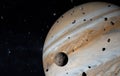 Jupiter and its moons and asteroids. 3D illustration