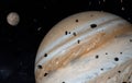 Jupiter and its moons and asteroids. 3D illustration
