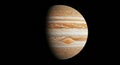 Jupiter, the largest planet in our solar system, features prominently against a dark