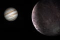 Jupiter planet and satellite Ganymede in rotation in the outer space. 3d render Royalty Free Stock Photo