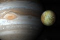 Jupiter planet and satellite Io in rotation in the outer space. 3d render Royalty Free Stock Photo
