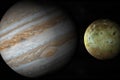 Jupiter planet and satellite Io in rotation in the outer space. 3d render Royalty Free Stock Photo