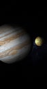 Jupiter planet and satellite Io in rotation in the outer space. 3d render Royalty Free Stock Photo