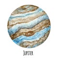 Jupiter Planet of the Solar System watercolor isolated illustration on white background. Outer Space planet hand drawn