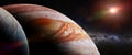 Jupiter`s moon Europa, the planet Jupiter, the Milky Way and the Sun 3d illustration banner, elements of this image are furnished Royalty Free Stock Photo