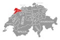 Jura red highlighted in map of Switzerland