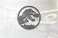 Jurassic world on glossy office wall realistic texture