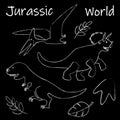 Jurassic world dinosaurs with white outline on a black background