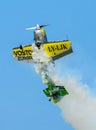 Jurgis Kairys Sukhoi SU-31 airplane - Lithuanian aerobatic pilot performing at BIAS Bucharest, Romania 2017 Royalty Free Stock Photo