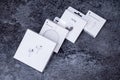 Jurmala, Latvia - 21 09 2023: Four white boxes from different Apple devices on the table are ready for unboxing -