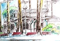 Jurmala, Latvia, house among pine trees, watercolor travel sketch