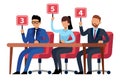 Jury judges holding scorecards. Quiz people show. Professional competition judges, trivia game jury vector illustration Royalty Free Stock Photo