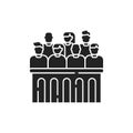 Jury trial glyph black icon. Courthouse concept. decision on a disputed issue in a civil or criminal case or an inquest.Sign for