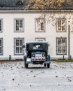 Jusrt Married Sign with Wedding Couple in old antique Oldtimer Car 1928 during a Wedding Decorated Royalty Free Stock Photo