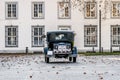 Jusrt Married Sign with Wedding Couple in old antique Oldtimer Car 1928 during a Wedding Decorated Royalty Free Stock Photo