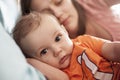 Just Awaken Baby Boy Mom In Bed Royalty Free Stock Photo