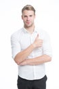 Just awesome. Guy shows thumbs up gesture. Excellent quality. Man confidently highly recommend white background. Guy