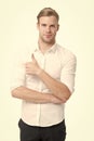 Just awesome. Guy shows thumbs up gesture. Excellent quality. Man confidently highly recommend white background. Guy