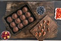 Just Baked Chocolate Muffins In Bakeware and seasonal fruits and berries. Flat lay. Top view Royalty Free Stock Photo