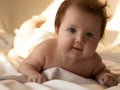 Just beautiful. Cute smiling baby. Cute 3 month old Baby girl infant on a bed on her belly with head up Royalty Free Stock Photo