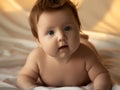 Just beautiful. Cute smiling baby. Cute 3 month old Baby girl infant on a bed on her belly with head up Royalty Free Stock Photo