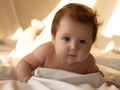 Just beautiful. Cute smiling baby. Cute 3 month old Baby girl infant on a bed on her belly with head up Royalty Free Stock Photo