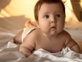 Just beautiful. Cute smiling baby. Cute 3 month old Baby girl infant on a bed on her belly with head up Royalty Free Stock Photo