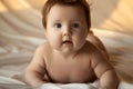 Just beautiful. Cute smiling baby. Cute 3 month old Baby girl infant on a bed on her belly with head up Royalty Free Stock Photo