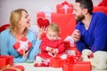 Just being around. Love and trust in family. Bearded man and woman with little girl. Valentines day. Red boxes. . Boxing Royalty Free Stock Photo