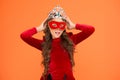 Just call me big boss. Big boss kid orange background. Small girl boss wear crown and mask. Ambitious little child. Prom