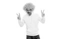 Just cool dude. Crazy man show peace signs. Cool fashion. Nerdy look. Funky wig hair Royalty Free Stock Photo