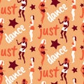 Just dance script dancing girls and star disco seamless pattern, moving woman bodies abstract background