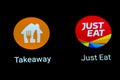 Just Eat app and Takeaway app next to it on the smartphone screen. Conceptual photo for the news about a potential merger of the c
