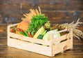 Just from garden. Delivery service fresh vegetables from farm. Box or basket harvest vegetables wooden background Royalty Free Stock Photo