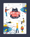 Just go fishing, character male, web poster, banner, flat vector illustration. Relax on river, lake, water, tropical and