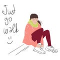 Just go walk! Fashion illustration of a young woman sitting lacing the walking shoes