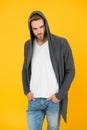 Just hang out. Fashion trends. Modern clothes for youth. Comfy garment for daily life. Fashion man yellow background