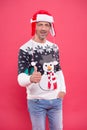 Just have fun. man in knitted sweater. happy handsome mature man in hat. new year party. celebrate winter holidays Royalty Free Stock Photo