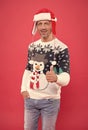 just have fun. man in knitted sweater. happy handsome mature man in hat. new year party. celebrate winter holidays Royalty Free Stock Photo