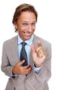 Just kidding. An isolated portrait of a businessman humourously indicating size with his hand. Royalty Free Stock Photo