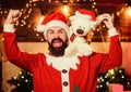 Just look at that. christmas decoration. santa claus hold teddy bear. merry christmas. man santa hat. winter holidays Royalty Free Stock Photo