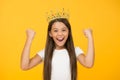 Just look at me. Princess concept. Girl princess. Lady little princess. Compelling baby. Kid wear golden crown symbol of Royalty Free Stock Photo