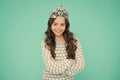Just look at me. Princess concept. Girl princess. Lady small baby princess. Number one. Kid wear golden crown symbol of Royalty Free Stock Photo